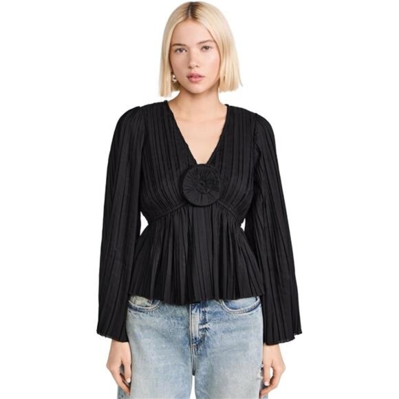 Sea Nomi Solid Rosette Top Black Satin Pleated Fray Peplum Uptown Dark Romantic - Picture 1 of 7